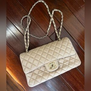 Beige Quilted Leather Chain Bag